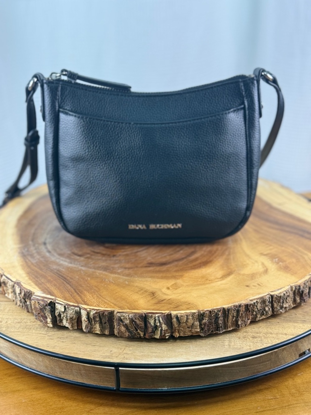 Dana Buchman Black Faux Leather Small Crossbody Purse with Beige Interior